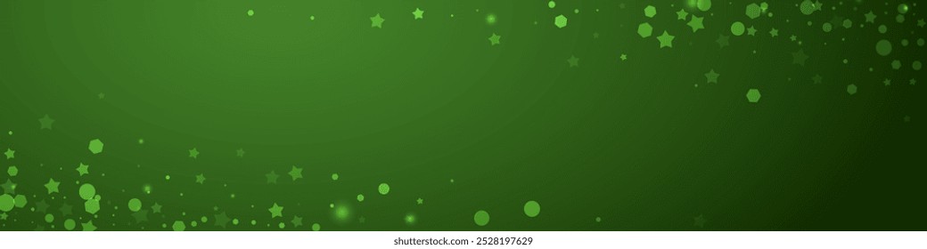 Snowy christmas background. Subtle flying snow flakes and stars on christmas green background. Delicate sweet snowy christmas. Panoramic vector illustration.