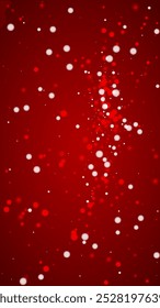Snowy christmas background. Subtle flying snow flakes and stars on christmas red background. Delicate sweet snowy christmas. Vertical vector illustration.