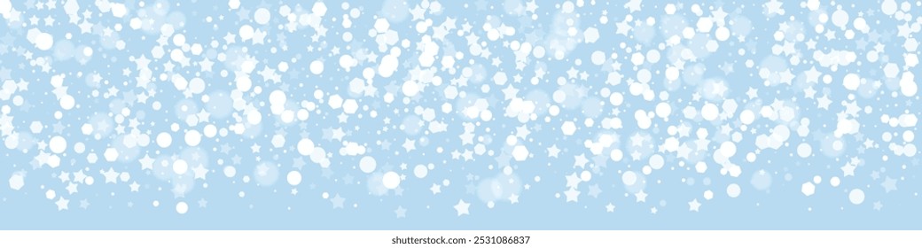 Fondo de Navidad nevado. Copos de nieve voladores sutiles y estrellas sobre fondo de invierno azul claro. Delicada dulce Navidad nevada. Ilustración vectorial panorámica.