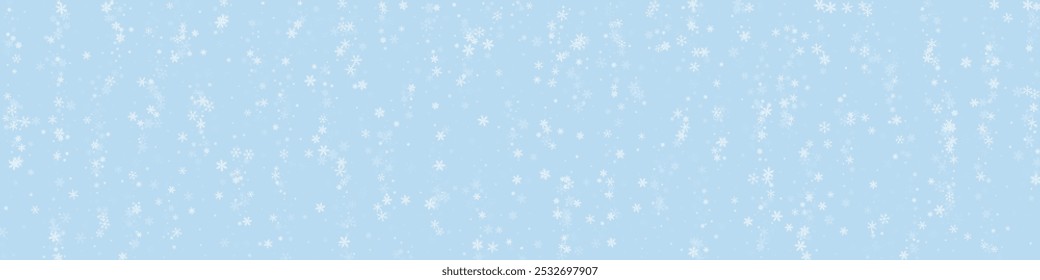Fundo de Natal nevado. Flocos de neve voadores sutis e estrelas no fundo azul claro do inverno. Delicado doce Natal nevado. Ilustração do vetor panorâmico.
