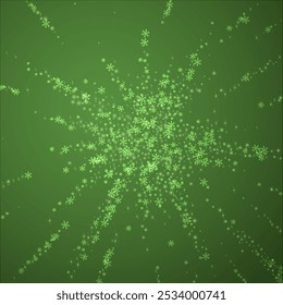 Snowy christmas background. Subtle flying snow flakes and stars on christmas green background. Delicate sweet snowy christmas. Square vector illustration.