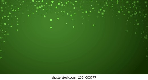 Snowy christmas background. Subtle flying snow flakes and stars on christmas green background. Delicate sweet snowy christmas. Wide vector illustration.
