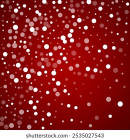 Snowy christmas background. Subtle flying snow flakes and stars on christmas red background. Delicate sweet snowy christmas. Square vector illustration.