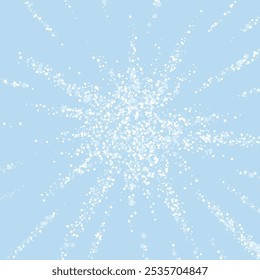 Snowy christmas background. Subtle flying snow flakes and stars on light blue winter backdrop. Delicate sweet snowy christmas. Square vector illustration.