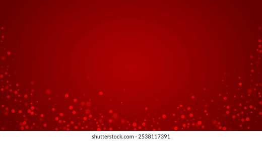 Snowy christmas background. Subtle flying snow flakes and stars on christmas red background. Delicate sweet snowy christmas. Wide vector illustration.