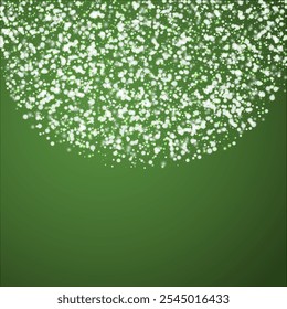 Snowy christmas background. Subtle flying snow flakes and stars on christmas green background. Delicate sweet snowy christmas. Square vector illustration.