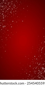 Snowy christmas background. Subtle flying snow flakes and stars on christmas red background. Delicate sweet snowy christmas. Vertical vector illustration.