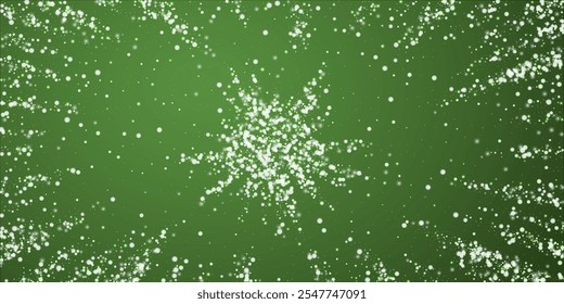Fundo de Natal nevado. Flocos de neve voadores sutis e estrelas no fundo verde de Natal. Delicado doce Natal nevado. Ilustração vetorial ampla.