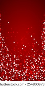 Snowy christmas background. Subtle flying snow flakes and stars on christmas red background. Delicate sweet snowy christmas. Vertical vector illustration.