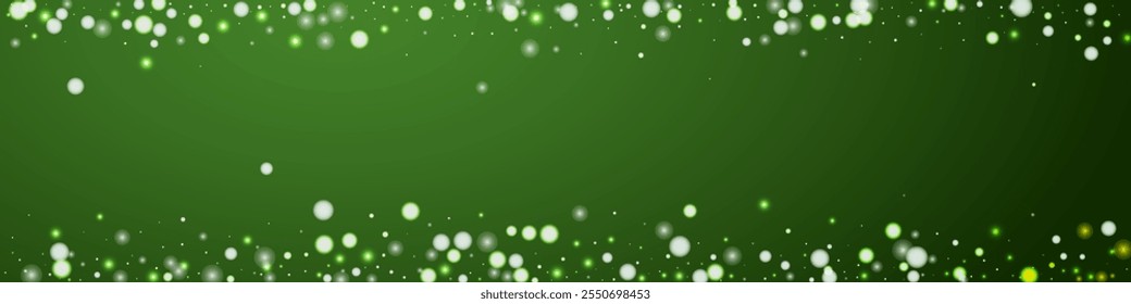 Snowy christmas background. Subtle flying snow flakes and stars on christmas green background. Delicate sweet snowy christmas. Panoramic vector illustration.