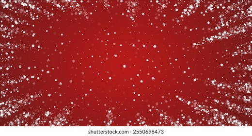 Snowy christmas background. Subtle flying snow flakes and stars on christmas red background. Delicate sweet snowy christmas. Wide vector illustration.
