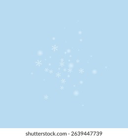 Snowy christmas background. Subtle flying snow flakes and stars on light blue winter backdrop. Delicate sweet snowy christmas. Square vector illustration.