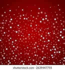 Snowy christmas background. Subtle flying snow flakes and stars on christmas red background. Delicate sweet snowy christmas. Square vector illustration.