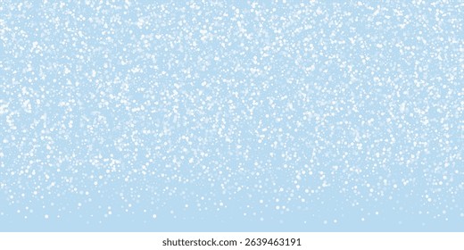 Snowy christmas background. Subtle flying snow flakes and stars on light blue winter backdrop. Delicate sweet snowy christmas. Wide vector illustration.
