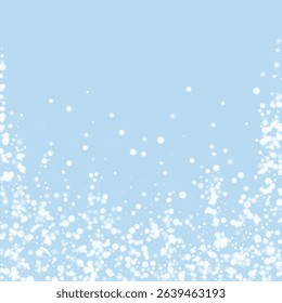 Snowy christmas background. Subtle flying snow flakes and stars on light blue winter backdrop. Delicate sweet snowy christmas. Square vector illustration.