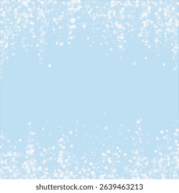 Snowy christmas background. Subtle flying snow flakes and stars on light blue winter backdrop. Delicate sweet snowy christmas. Square vector illustration.