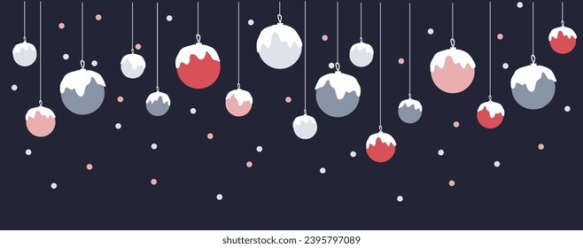 Snowy christmas baubals banner background