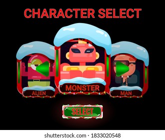 Snowy Christmas character selection interface for gui asset elements vector illustration