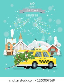 Snowy Christmas. City street with taxi car carrying Xmas tree with lights.