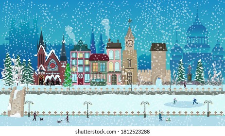 A snowy Christmas evening or a night in a small cozy town. Panorama of the winter city with the embankment and old buildings, with a Church and Christmas trees. Vector illustration in flat style.