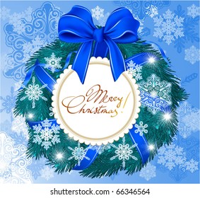 Snowy Christmas garland with snowflakes, blue bow and greeting card. Vector.