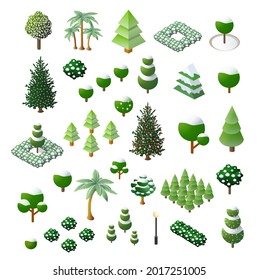 Snowy christmas Isometric 3d trees forest nature elements white background for landscape design. Vector illustration isolated. Icons for city maps, games