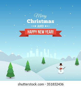 Snowy Christmas landscape. Christmas greeting card. Vector illustration. Eps 10.