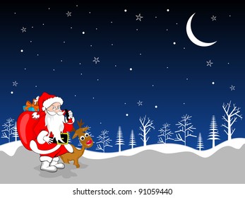 Snowy Christmas moon night background with Santa Claus having bag with full of gift boxes and Reindeer for Christmas & other occasions.