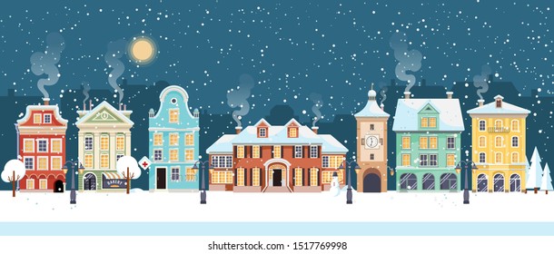 Snowy Christmas Night In Cozy Town City Panorama. Winter Village Landscape, Flat Style, Vector Illustration