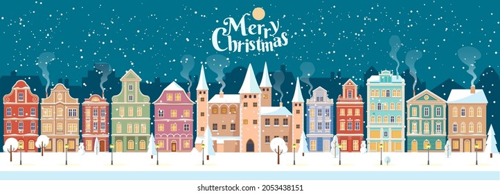 Snowy Christmas night in cozy town city panorama with castle. Winter village landscape, flat style, Merry Christmas lettering, vector illustration