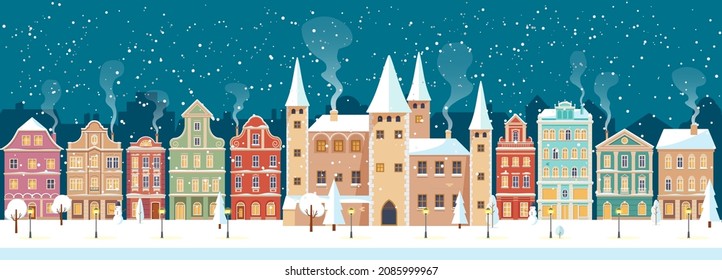 Snowy Christmas night in cozy town city panorama with castle. Winter village landscape, flat style, vector illustration