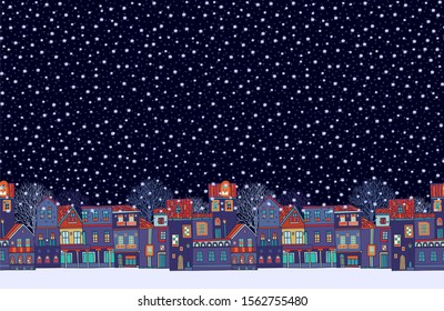 Snowy Christmas night, old city street - seamless vector border pattern