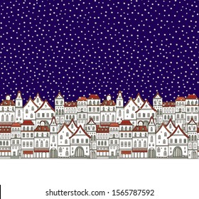 Snowy Christmas night, old city street - seamless vector border pattern