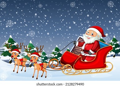 Snowy Christmas night with Santa Claus on sleigh illustration