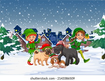 Snowy christmas night scene with elves and dogs illustration