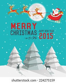 Snowy Christmas night scene. Christmas tree and Santa Claus rides in a reindeer sleigh