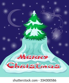Snowy Christmas night scene with Christmas tree. Vector illustration