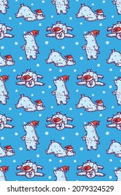 Snowy Christmas pattern design with hand drawn funny grumpy and cute polar bears in Santa's hat on blue background.