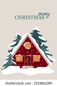 Snowy christmas postcard. Greeting flyer template with forest red house on winter cold day.