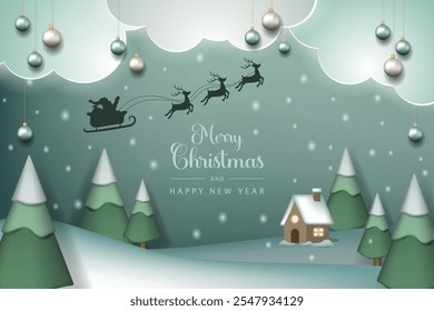 Snowy Christmas scenery with sledding Santas, deer, trees and cabin. Vector illustration	