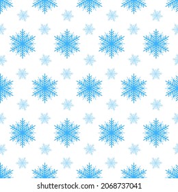 Schneewittchen, nahtloses Muster, blauer Schneeflocken auf weißem Hintergrund