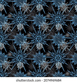 Snowy christmas seamless pattern, white blue snowflake on black background