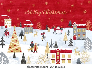 Snowy Christmas skyline and people vector illustration background