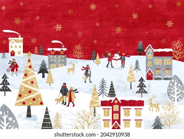 Snowy Christmas skyline and people vector illustration background