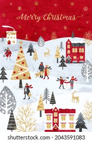 Snowy Christmas skyline and people vector illustration background