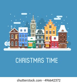 Snowy Christmas street flat landscape with colorful european houses and New Year decorations. Christmas europe city winter day background with old town building facades and snowfall. Christmas banner.