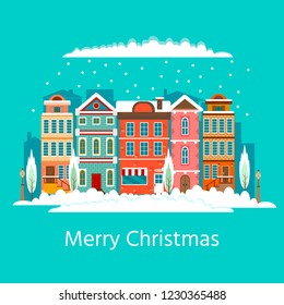 Snowy Christmas street flat vector illustration. Old colorful european christmas houses with trees. Template for decoration, greeting cards, banner. 