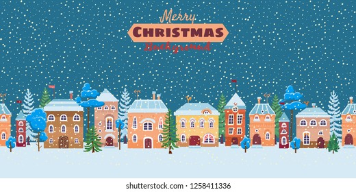 Snowy christmas street. Winter city panorama. Cartoon town at holiday eve.Vector flat illustration. Buildings decorated for New Year or Christmas celebration. Colored holiday banner