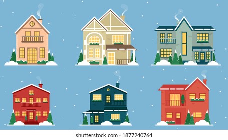 Snowy christmas town. Winter houses. Houses in the snow and this cottages set. Winter Christmas homes front view of snow covered buildings. Vector illustration