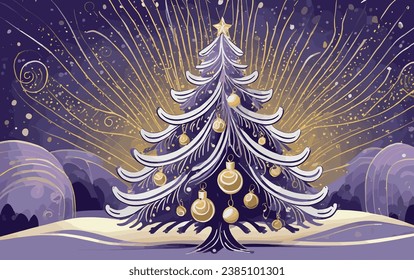 Snowy christmas tree with ornaments. Calm setting. Purple, white and gold colors. Vector Art. 